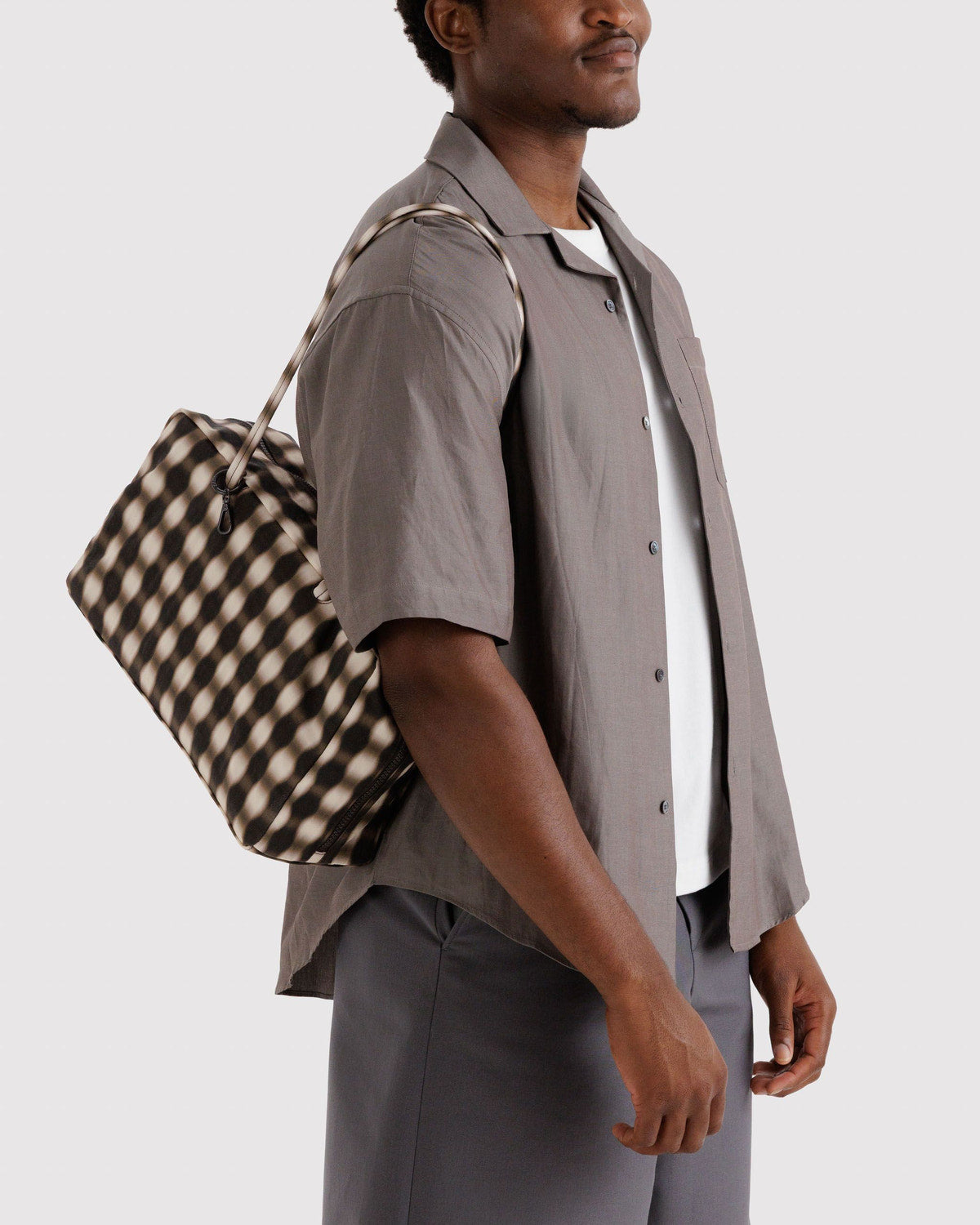 Baggu Deals - Medium Nylon Bowler Bag Blurred Gingham Brown