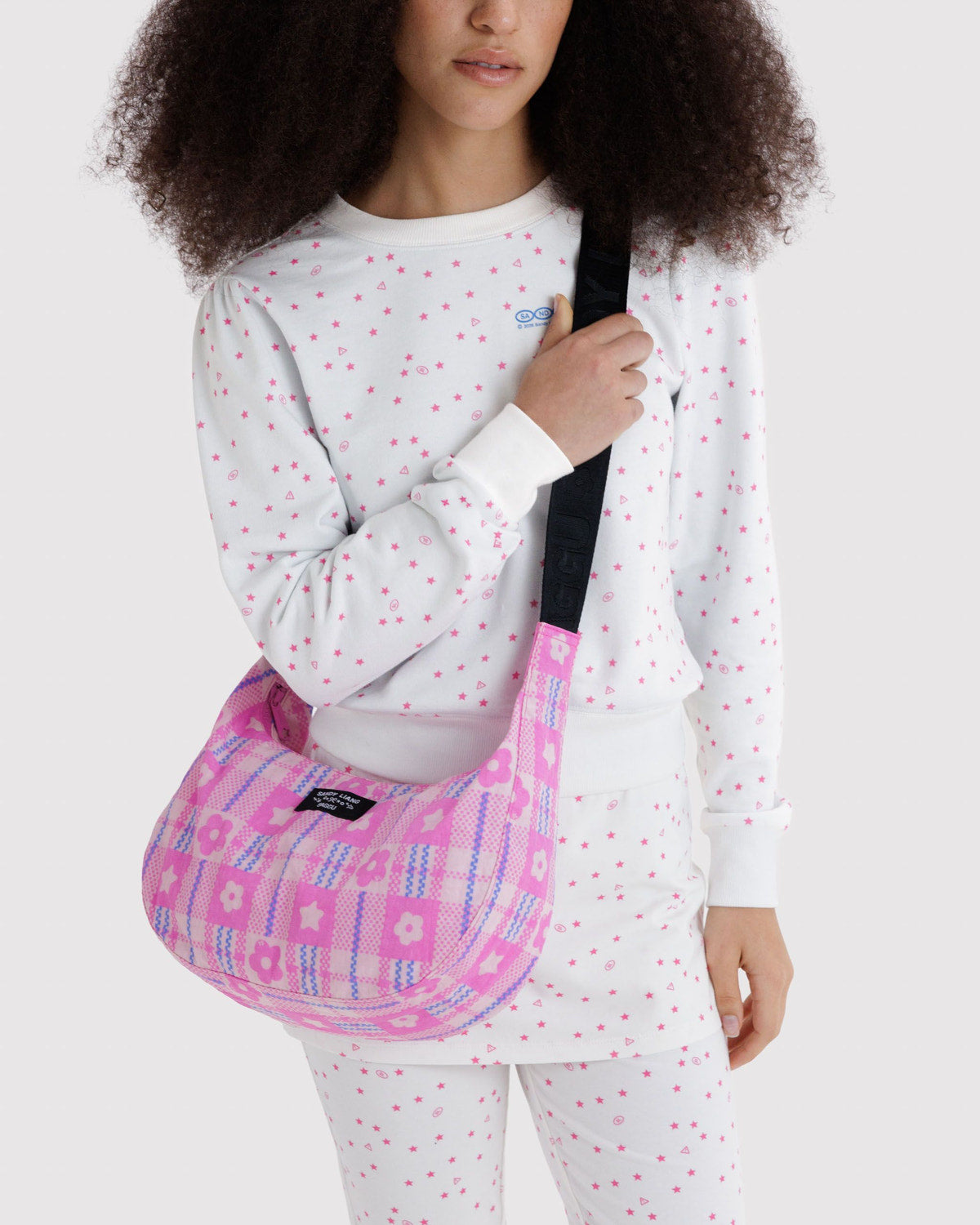 Baggu Popular - Medium Nylon Crescent Bag Market Plaid Pink
